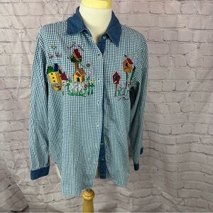 the quacker factory long sleeve embroidered sz sm 100% cotton bird house granny